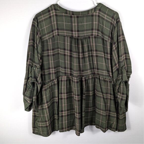 Torrid 2 Plaid Rayon Peplum Button Front Blouse Green Pink Ruffle Hem Top - Picture 5 of 5